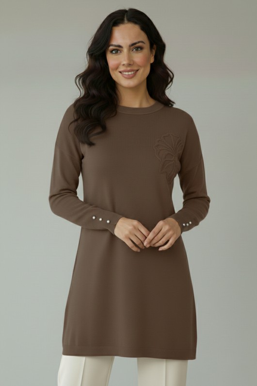 Çiçek Desenli Tunik N3303 Vizon