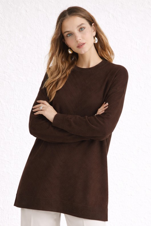 Desenli Tesettür Tunik N3192 Kahverengi Desenli Tesettür Tunik N3192 Kahverengi