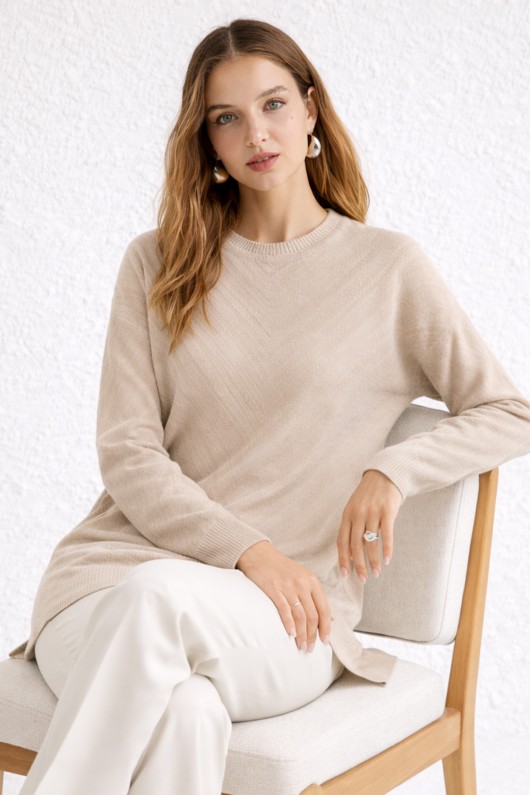 Desenli Tesettür Tunik N3192 Taş Rengi