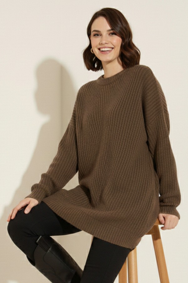 Kendinden Desenli Triko Tunik R4444 Vizon