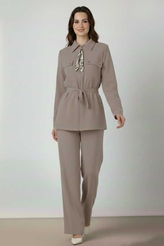 Fularlı İkili Takım N7203 Vizon