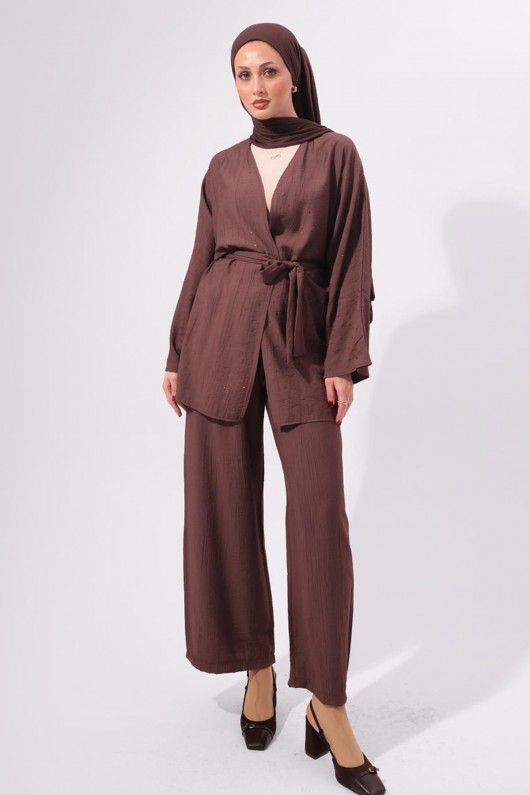 Taşlı İkili Takım N7157 Kahverengi