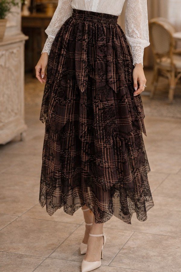 Katlı Flok Etek A60691 Kahverengi Katlı Flok Etek A60691 Kahverengi