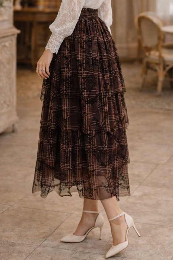 Katlı Flok Etek A60691 Kahverengi Katlı Flok Etek A60691 Kahverengi