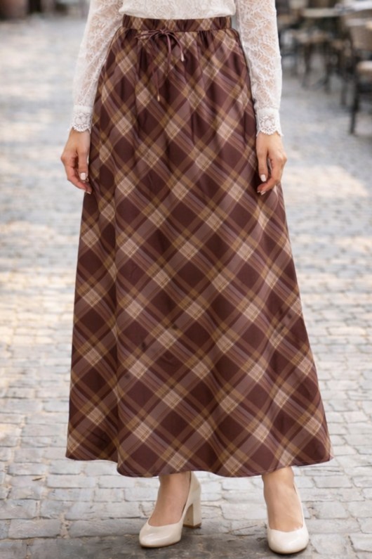 Beli Lastikli Ekose Etek A60684 Kahverengi