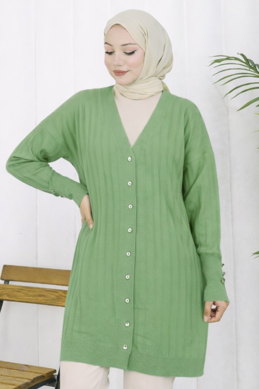 Kendinden Çizgili Uzun Merserize Hırka N3179 Çağla