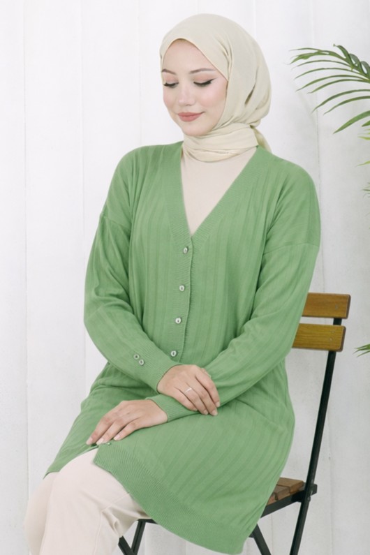 Kendinden Çizgili Uzun Merserize Hırka N3179 Çağla Kendinden Çizgili Uzun Merserize Hırka N3179 Çağla