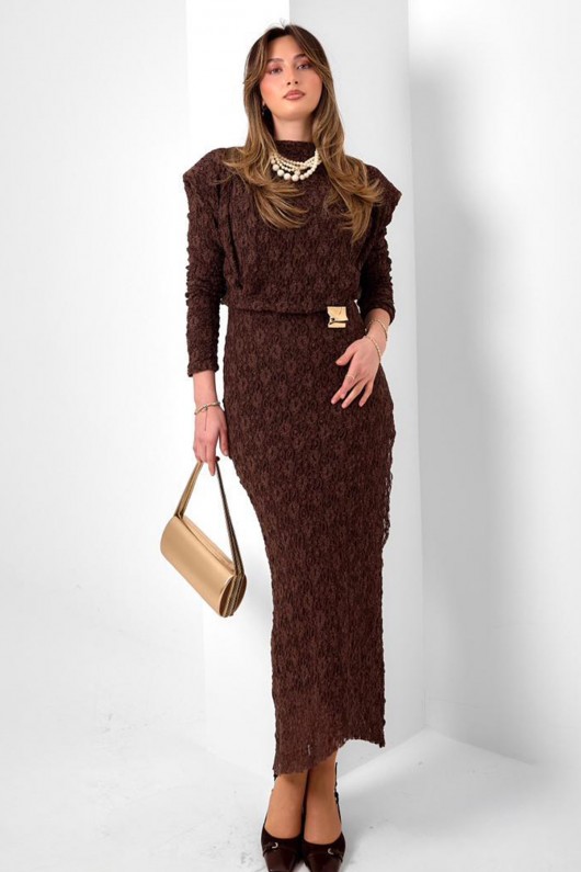 Toka Detaylı Dantelli Elbise N2724 Kahverengi