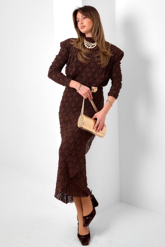 Toka Detaylı Dantelli Elbise N2724 Kahverengi Toka Detaylı Dantelli Elbise N2724 Kahverengi