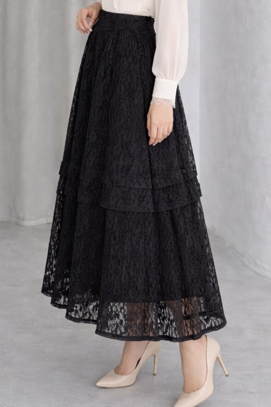 Katlı Dantelli Etek N2685 Siyah