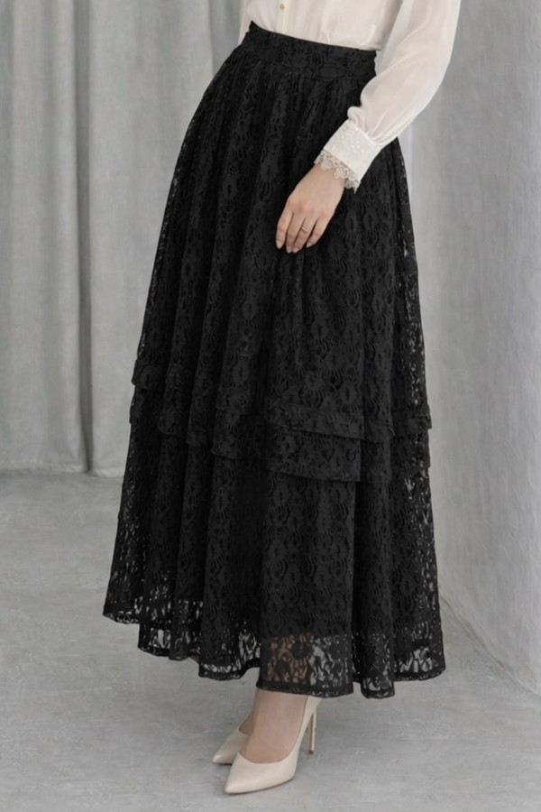Katlı Dantelli Etek N2685 Siyah