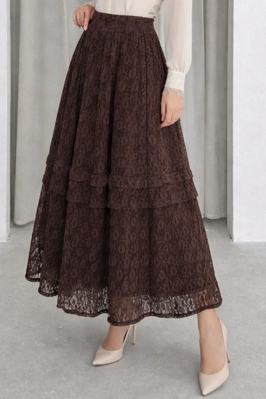 Katlı Dantelli Etek N2685 Kahverengi