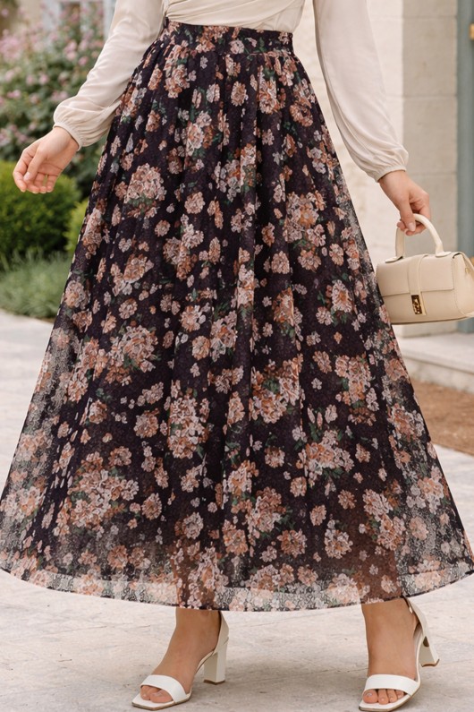 Dantel Baskılı Etek N2694 Bordo