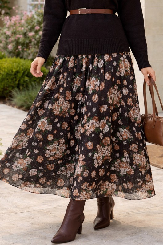 Dantel Baskılı Etek N2694 Kahverengi