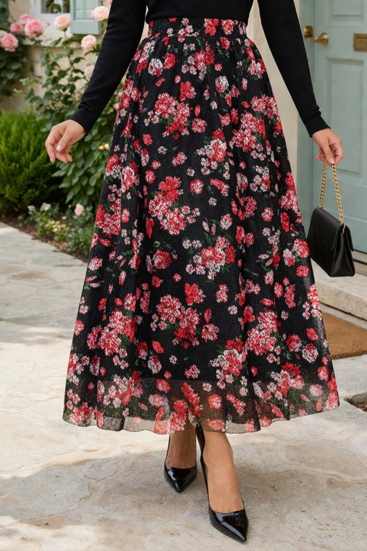 Dantel Baskılı Etek N2694 Kırmızı