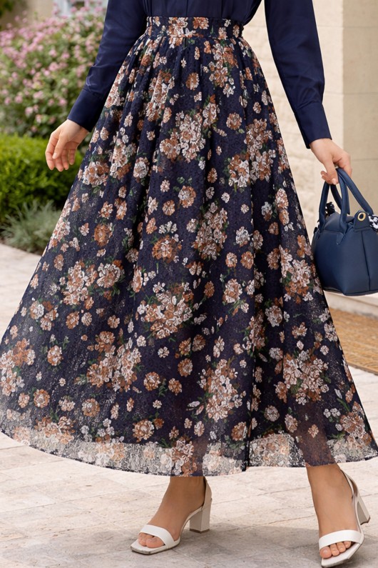 Dantel Baskılı Etek N2694 Lacivert