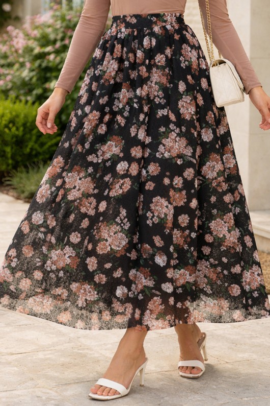 Dantel Baskılı Etek N2694 Siyah