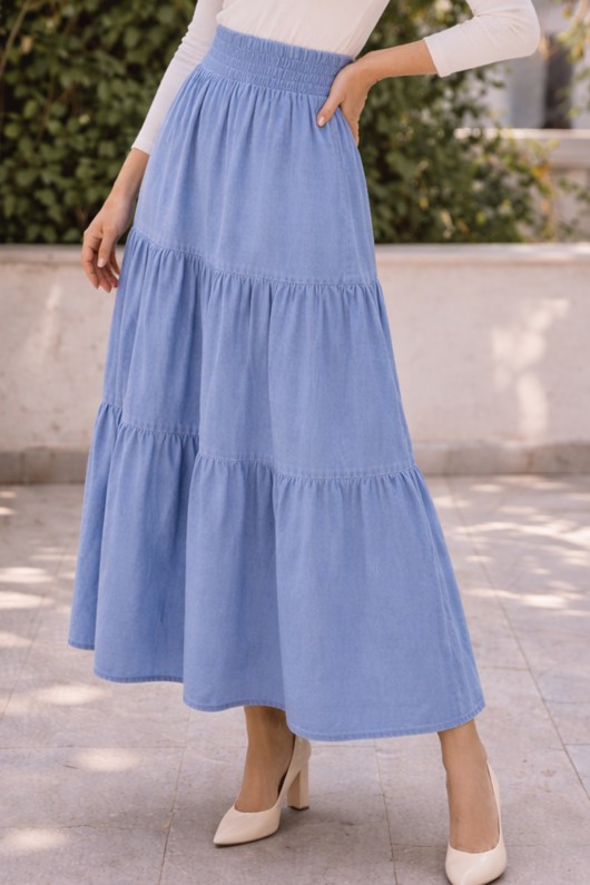 Katlı Kot Etek B8022 Buz Mavisi