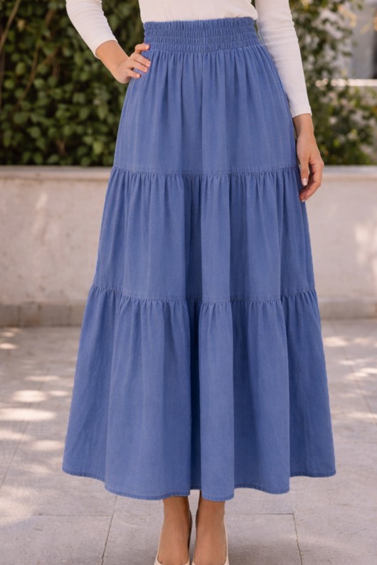 Katlı Kot Etek B8022 Mavi