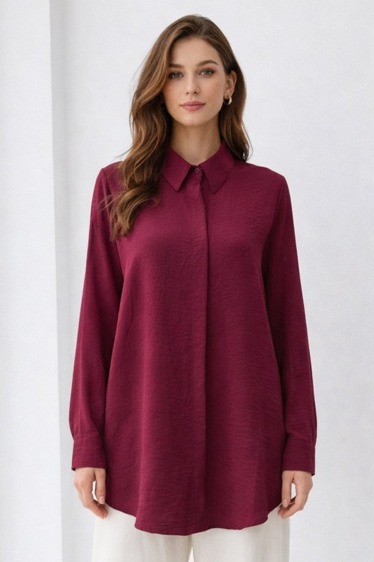 Gömlek Yaka Uzun Tesettür Tunik B5945 Bordo