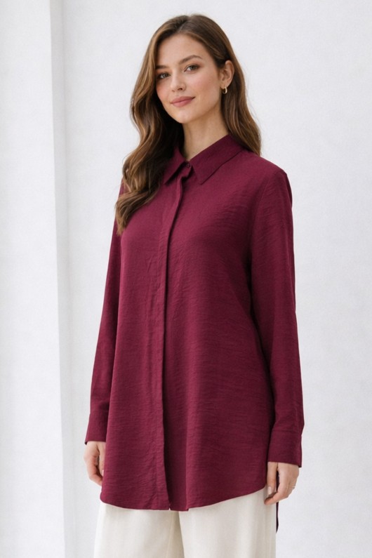 Gömlek Yaka Uzun Tesettür Tunik B5945 Bordo Gömlek Yaka Uzun Tesettür Tunik B5945 Bordo