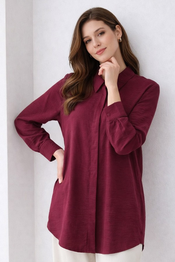 Gömlek Yaka Uzun Tesettür Tunik B5945 Bordo Gömlek Yaka Uzun Tesettür Tunik B5945 Bordo