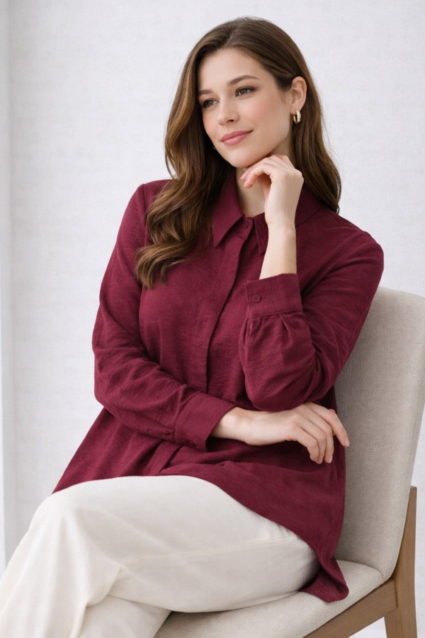 Gömlek Yaka Uzun Tesettür Tunik B5945 Bordo Gömlek Yaka Uzun Tesettür Tunik B5945 Bordo
