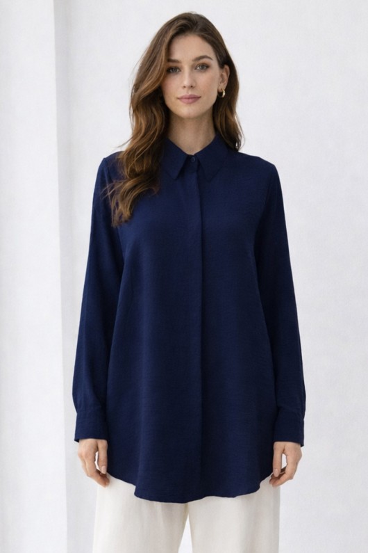 Gömlek Yaka Uzun Tesettür Tunik B5945 Lacivert