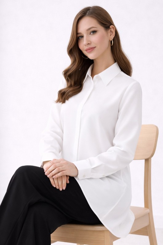 Gömlek Yaka Uzun Tesettür Tunik B5945 Beyaz Gömlek Yaka Uzun Tesettür Tunik B5945 Beyaz