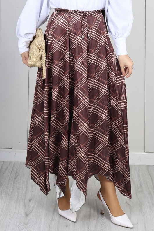 Ekoseli Asimetrik Etek A60689-1 Kahverengi