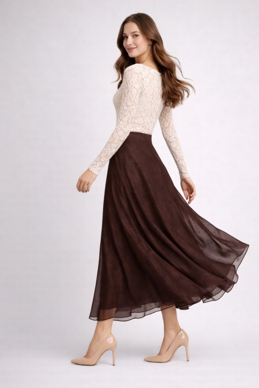 Empirme Desenli Şifon Etek O219 Kahverengi Empirme Desenli Şifon Etek O219 Kahverengi