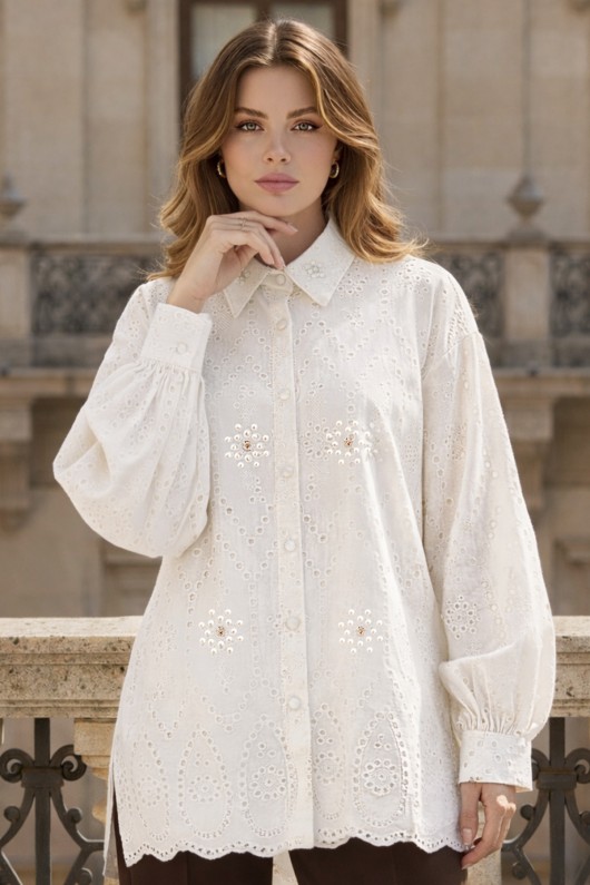 Taş Detaylı Fisto Gömlek A7016 Beyaz