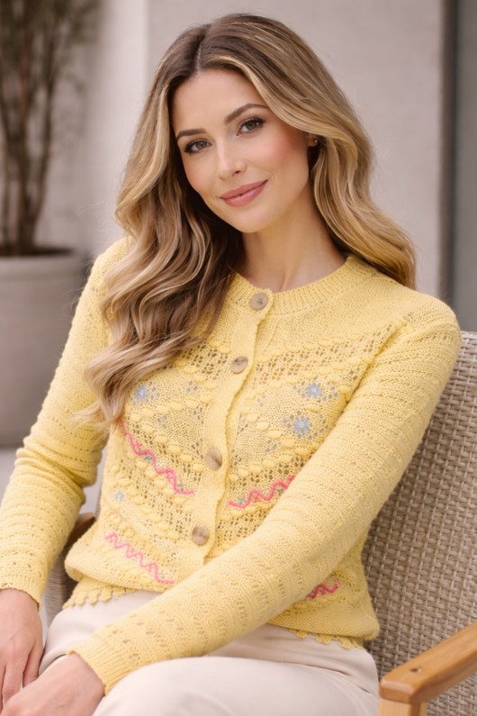 Nakış Detaylı Yazlık Pamuk Hırka R4543 Limon Sarısı