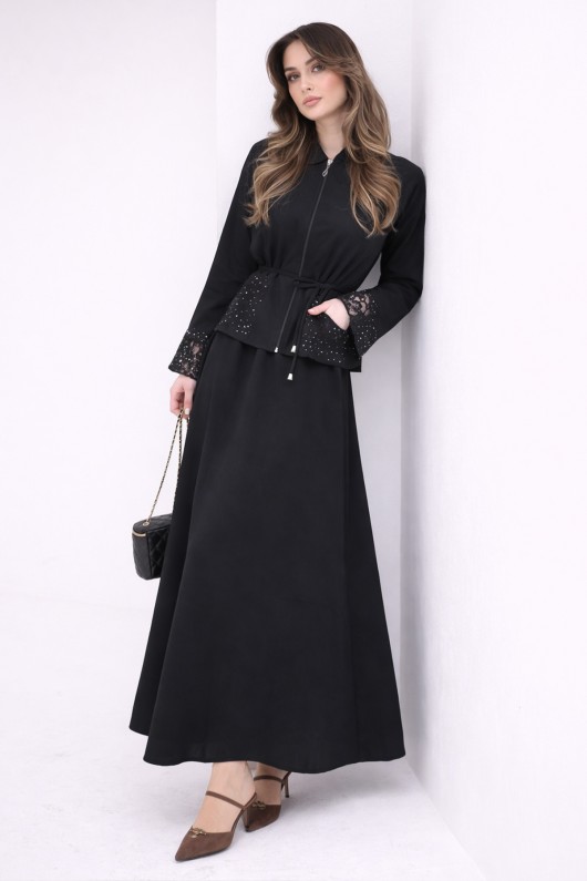 Kolları Dantelli Tesettür Poplin Takım N8110 Siyah