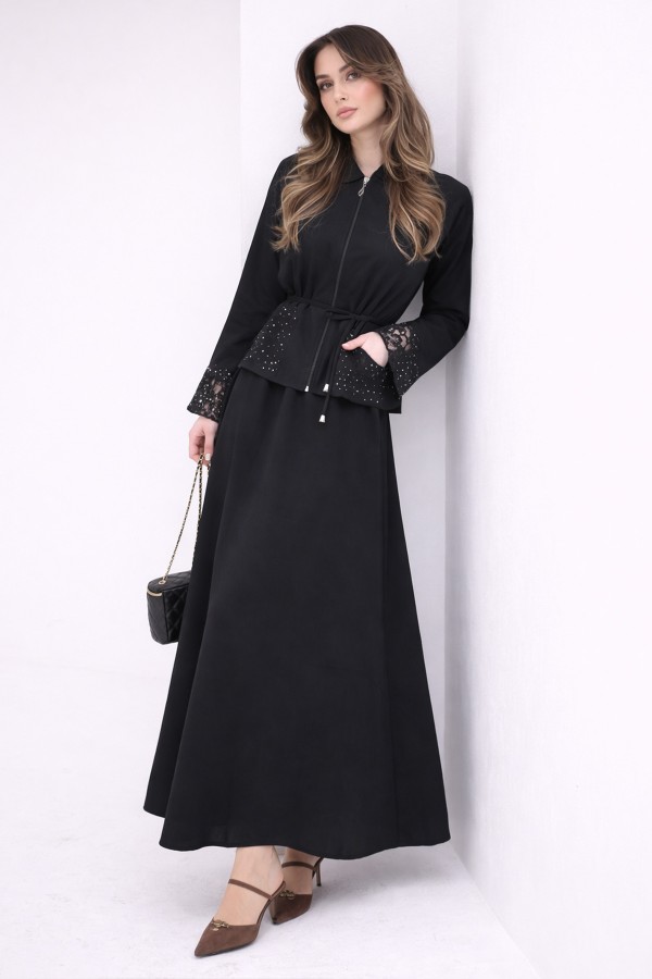 Kolları Dantelli Tesettür Poplin Takım N8110 Siyah
