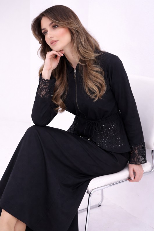 Kolları Dantelli Tesettür Poplin Takım N8110 Siyah