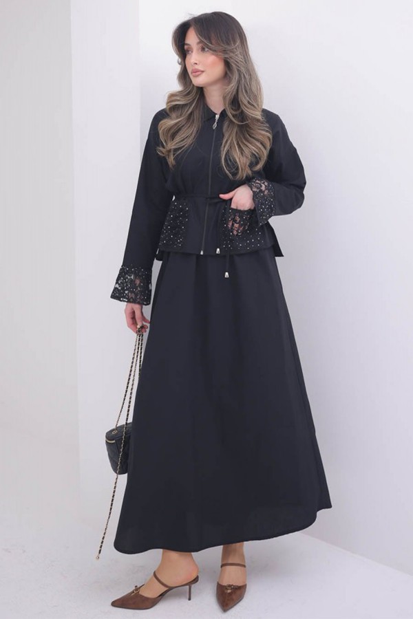 Kolları Dantelli Tesettür Poplin Takım N8110 Siyah