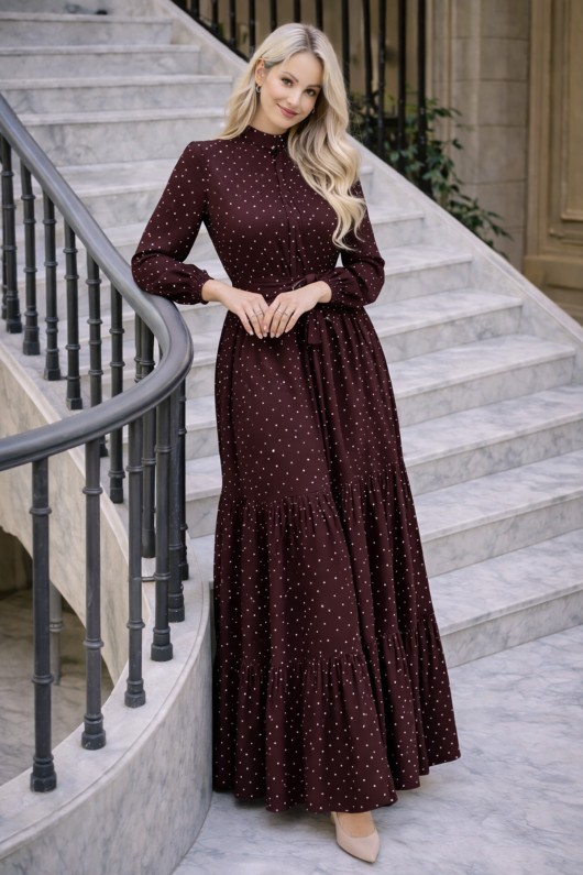 Puantiye Desenli Tesettür Elbise 586 Kahverengi