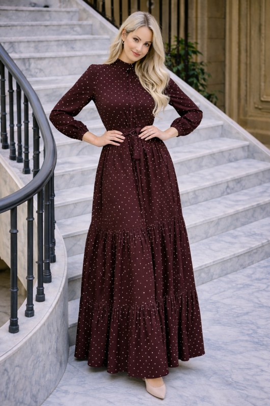 Puantiye Desenli Tesettür Elbise 586 Kahverengi