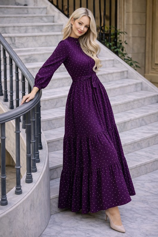 Puantiye Desenli Tesettür Elbise 586 Mor