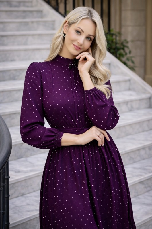 Puantiye Desenli Tesettür Elbise 586 Mor