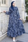Desenli Tesettür Jessica Elbise B587 Lacivert
