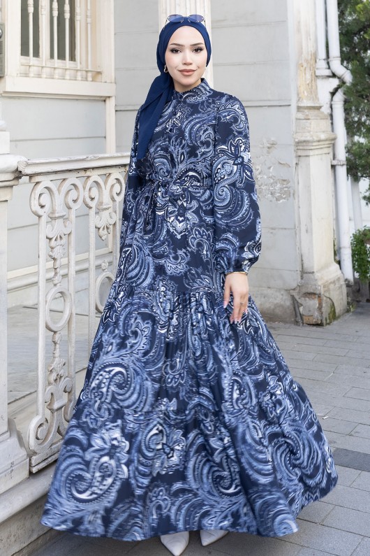 Desenli Tesettür Jessica Elbise B587 Lacivert
