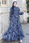 Desenli Tesettür Jessica Elbise B587 Lacivert