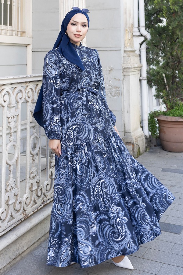 Desenli Tesettür Jessica Elbise B587 Lacivert