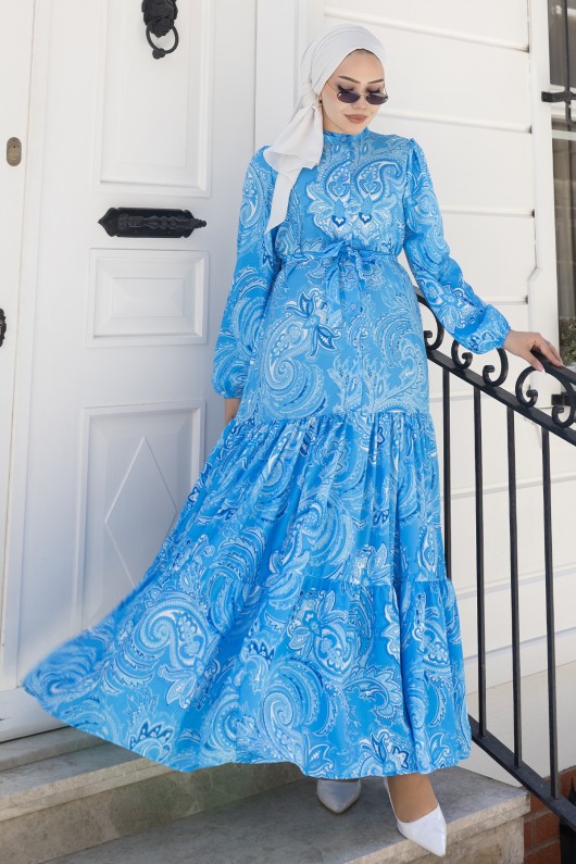 Desenli Tesettür Jessica Elbise B587 Mavi