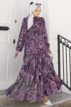 Desenli Tesettür Jessica Elbise B587 Mor