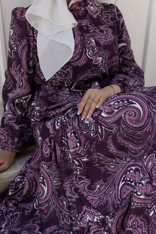 Desenli Tesettür Jessica Elbise B587 Mor