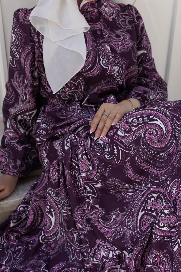 Desenli Tesettür Jessica Elbise B587 Mor