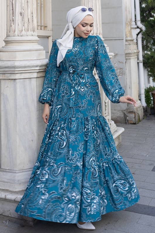 Desenli Tesettür Jessica Elbise B587 Petrol